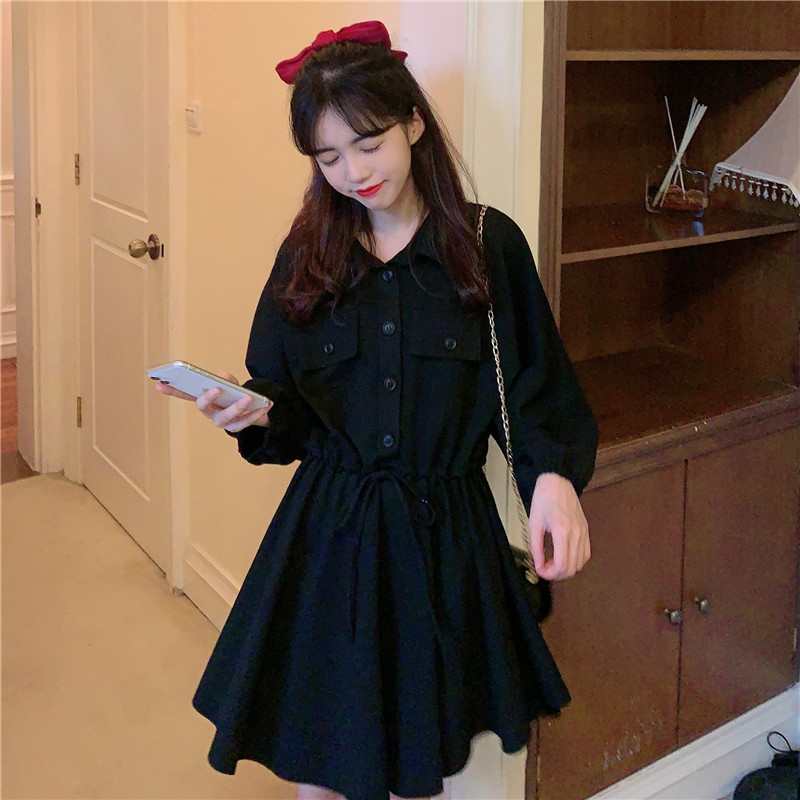 한 부서 동대문 가을 새로운 POLO 칼라 펌프 로프 허리 수축 슬림해 보이는 작은 키 A라인 스커트 긴팔 여성 드레스