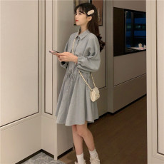 批发秋季韩版秋装POLO领抽绳收腰显瘦小个子A字长袖<b class='q'>连衣裙</b>女裙子