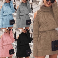 批发2025速卖通<b class='q'>欧美</b>秋冬新款针织衫女中长款高领漏肩毛衣连衣裙