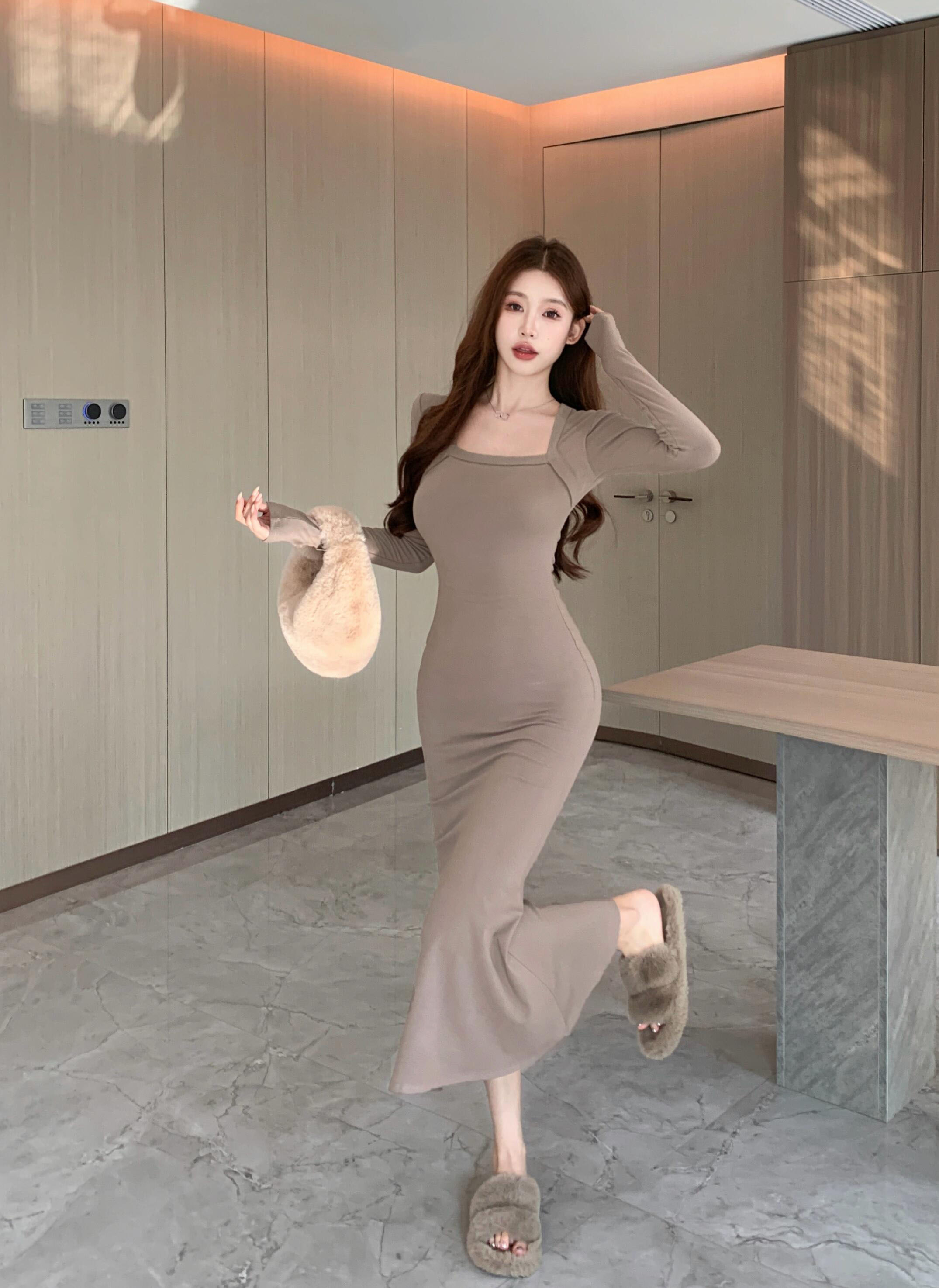 핫걸 품격 다용도 허리 수축 프랑스식 인어 꼬리 스커트 가을 겨울 단색 외국 가스 섹시함 광장 칼라 몸매 가꾸기 긴팔 드레스