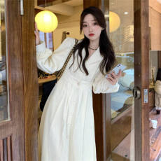 批发春装新款女装法式<b class='q'>西装</b>领设计感可甜可盐中长裙子灯芯绒连衣裙