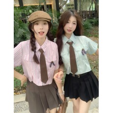 批发实价夏季小清新学院风竖条纹短款衬衣女2026甜辣风修身Polo领上衣