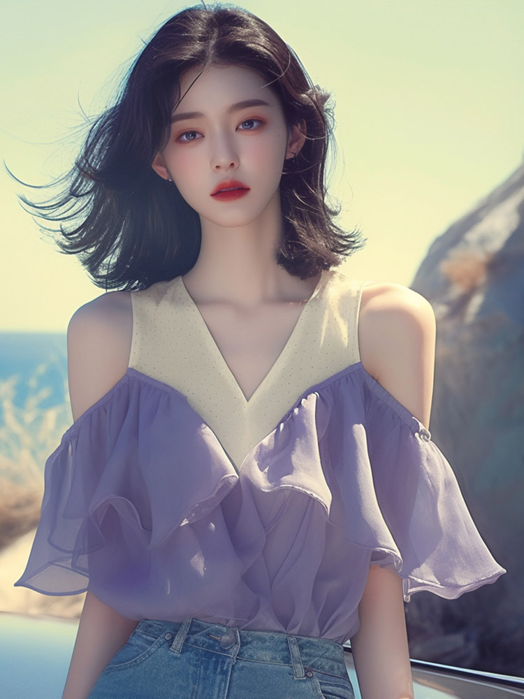 올해 인기 아름다운 작은 셔츠 빛 요리 한 품격 고급 센스 작은 대중 외국 가스 디자인 센스 보라색 패치워크 오프숄더 맨위