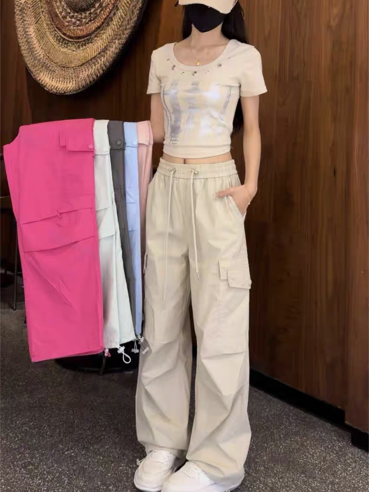 PF21346#夏季薄款潮酷多巴胺重工女工装裤大口袋两穿抽绳休闲阔腿女裤女裝貨源服裝批發