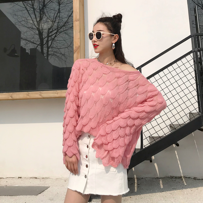 실사 꽃 홈 봄 홀로우 아웃 루즈핏 털 니트 스웨터 여성 풀오버 얇은 스타일 한국 스타일 나팔 소매 맨위