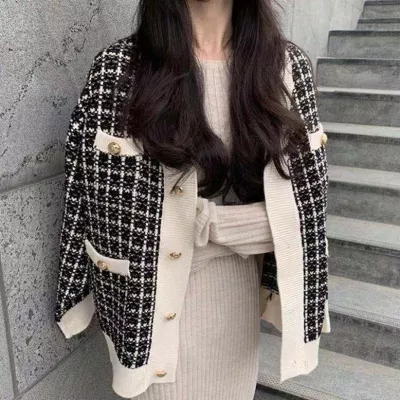 한국 chic 다용도 미니멀리즘 바람 배색 싱글 줄 버튼 체크무늬 니트 스웨터 오픈 가디건 긴팔 스웨터 여성 코트