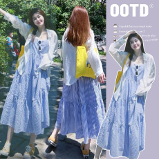 批发2025早<b class='q'>秋</b>大码女装条纹中长款连衣裙防晒衬衫两件套装