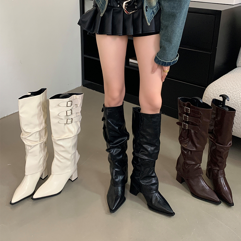 X-33576# 复古尖头辣妹风高跟长筒靴女秋冬新款两穿粗跟褶皱堆堆靴 女鞋批发靴子货源鞋子批发