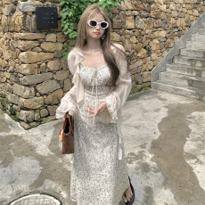 批发大码气质收腰显瘦碎花吊带连衣裙夏抽绳系带复古甜美初恋仙女长裙