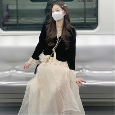 批发<b class='q'>金丝</b>绒 春装新款年温柔套装仙<b class='q'>女</b>纱裙高级气质中长裙<b class='q'>两件</b>套<b class='q'>女</b>