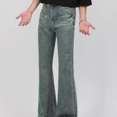 批发高街<b class='q'>风</b>美式微喇叭直筒长裤水洗做旧复古蓝色潮牌显瘦牛仔裤男