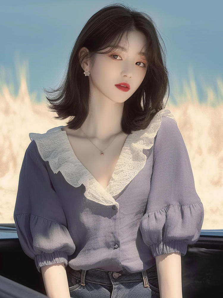 초여름 인기 폭발 디자인 센스 아름다운 맨위 작은 키 한 부서 달콤함 회색 거품 소매 V넥 여성 셔츠