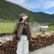 批发原版做法皮衣女外套新款秋冬季复古棕色夹克机车美拉德男女同款