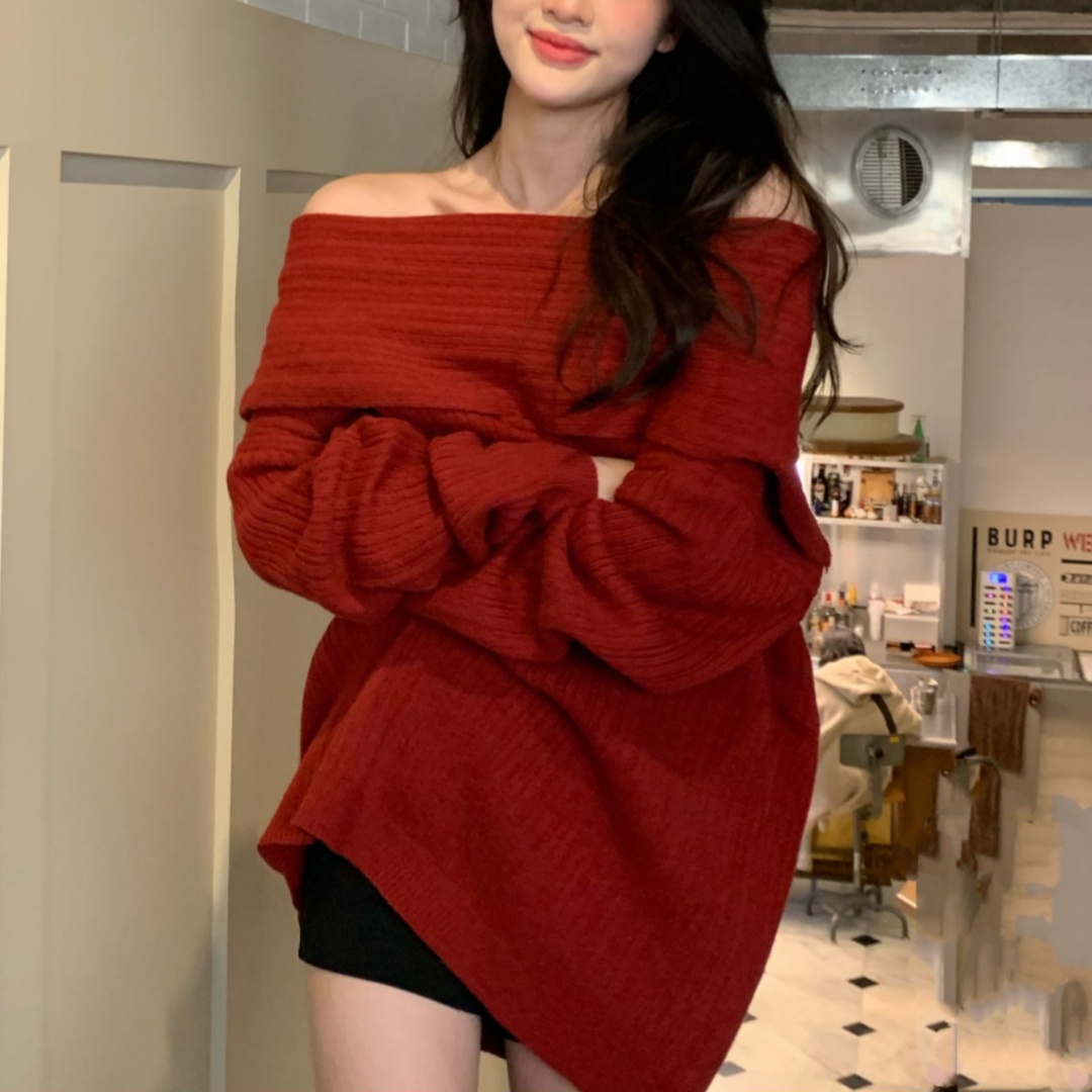 스웨터 여자 중간 길이 느긋한 바람 가을 겨울 2026 년 새로운 화이트 오프숄더 루즈핏 품격 니트 스웨터 맨위