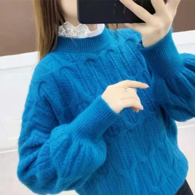 학원 스타일 페이크 레이어드 스웨터 여자 새로운 레이스 칼라 느긋한 바람 루즈핏 다용도 풀오버 만나는 니트 스웨터 가을 의상
