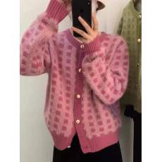 批发韩国东大门2025春款温柔风撞色格子舒适长袖针织开衫毛衣女潮