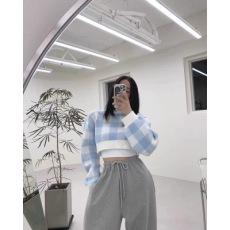 批发韩国东大门2025早秋新撞色格子短款显瘦百搭圆领长袖套头针织衫女