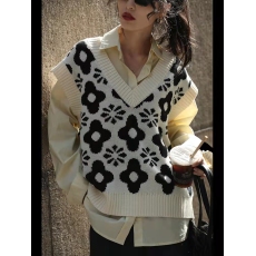 批发Hielf 黑白提花宽松针织马甲春季2025新款休闲显瘦V领毛衣背心女