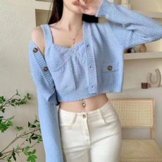 批发日韩小清新温柔甜美两件套女早秋法式气质针织<b class='q'>吊带</b><b class='q'>背心</b>潮