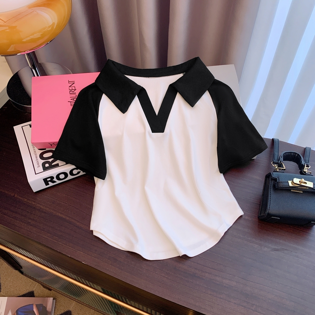 PF17859#夏装polo领短袖T恤女设计感小众女裝貨源服裝批發