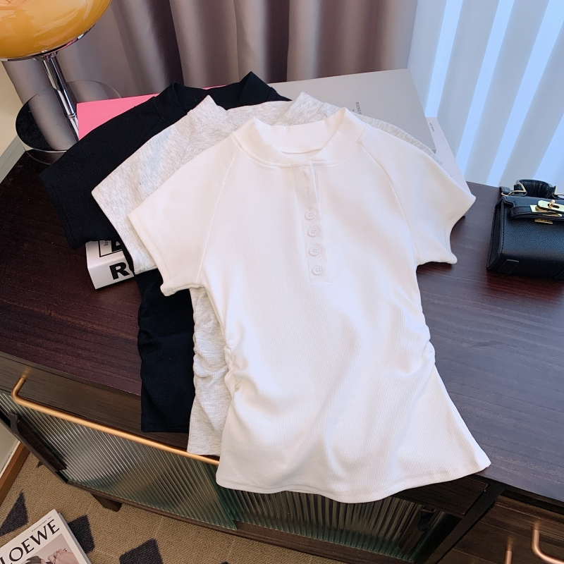 PF17857#夏装美式辣妹风半扣领短款短袖T恤女裝貨源服裝批發