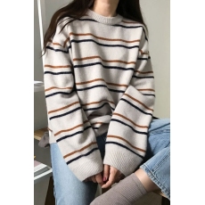 批发秋冬新款韩国女装圆领毛衣女chic套头条纹针织衫宽松慵懒学生外穿