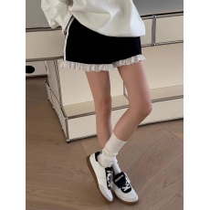 批发小众夏季新款复古<b class='q'>条纹</b>装饰荷叶花边裤脚拼接松紧高腰短裤<b class='q'>打底裤</b>女