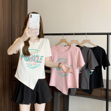 批发实拍2026夏<b class='q'>装</b>新款胖mm大码女休闲百搭不规则印花字母短袖T恤