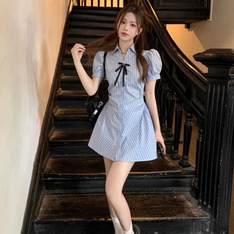 PF17890# 网红爆款夏季穿搭学院风套装条纹衬衫连衣裙搭短裤两件套女裝貨源服裝批發