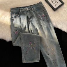 批发泼墨刺绣水洗牛仔裤男ins潮美式街头直筒坠感宽松hiphop裤子