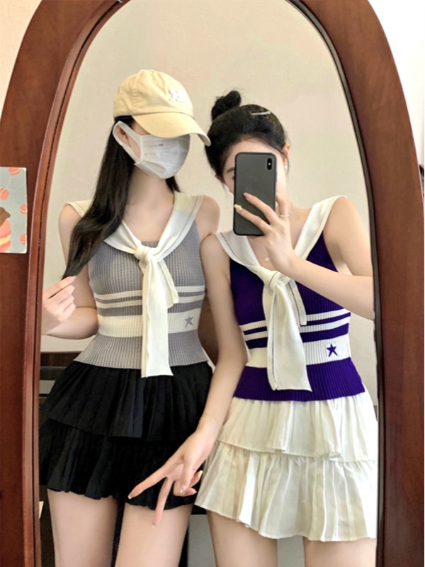 LN46356# 新版韩风设计感拼色海军领针织无袖背心 服裝批發女裝批發服飾貨源