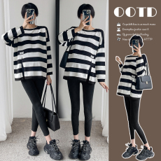 实拍#孕妇春装套装2026新款时尚宽松条纹开叉针织上衣春秋打底衫