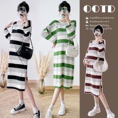 实拍#孕妇春装连衣裙2026新款春秋休闲套头长袖条纹针织裙子