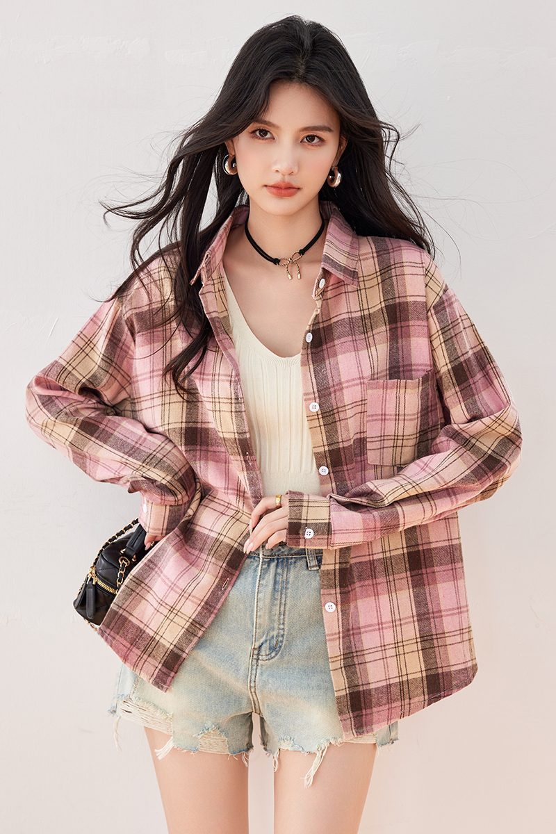 실사 셔츠 핑크색 체크무늬 긴팔 맨위 여성 여성 셔츠 재킷 루즈핏 느긋한 바람 셔츠
