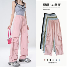 批发外贸原版工<b class='q'>装裤</b>新款蓝色<b class='q'>女</b>小个子春夏季薄款阔腿高腰直筒垂感长裤