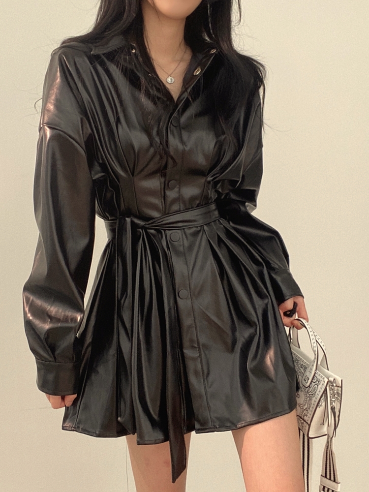 크기 업데이트 chic 가을과 겨울 레트로 패션 레이스 허리 기관차 가죽 의류 셔츠 외투