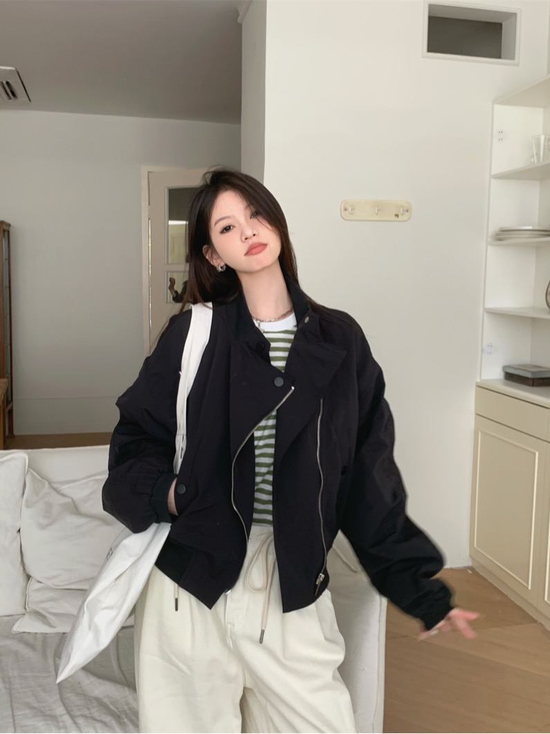 있음 선적 실사 가을 스탠드 칼라 비스듬한 지퍼 말뚝 더미 소매 디자인 센스 캐주얼 쇼트 스타일 재킷 재킷 재킷