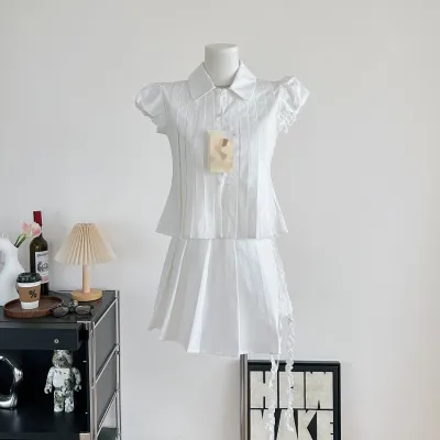 SourceWithU 巴吉纳少女 纯棉风琴褶白色短袖衬衫气质半身裙4件套