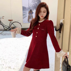 批发法式小香风收腰显瘦丝绒连衣裙女小个子<b class='q'>蕾丝</b>拼接圆领a字<b class='q'>短裙</b>