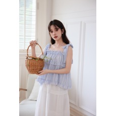 批发中大<b class='q'>女童</b>甜美<b class='q'>娃娃衫</b>气质衬衫洋气条纹绑带吊带小衫2024夏无袖上衣