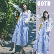 批发2026早春<b class='q'>大码</b>女装条纹中长款连衣裙衬衫两件套装M-4XL200斤