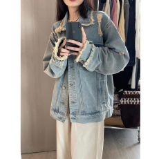 批发蓝色夹克工装牛仔外套女早秋设计感小众美式复古高级感春秋季上衣