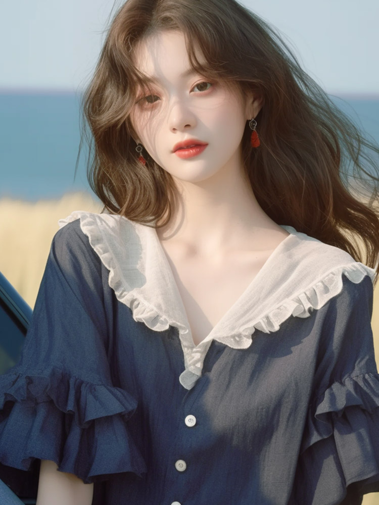 여름 인기 폭발 디자인 센스 맨위 작은 대중 외국 가스 프랑스식 고급 아름다운 검정색 프릴 칼라 반팔 셔츠