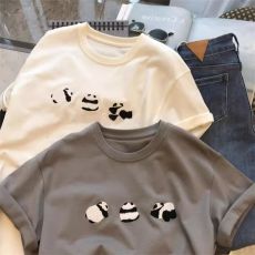 批发21支210g精梳纯棉 韩版小众设计感熊猫刺绣短袖<b class='q'>T</b><b class='q'>恤</b>女宽松情侣上衣