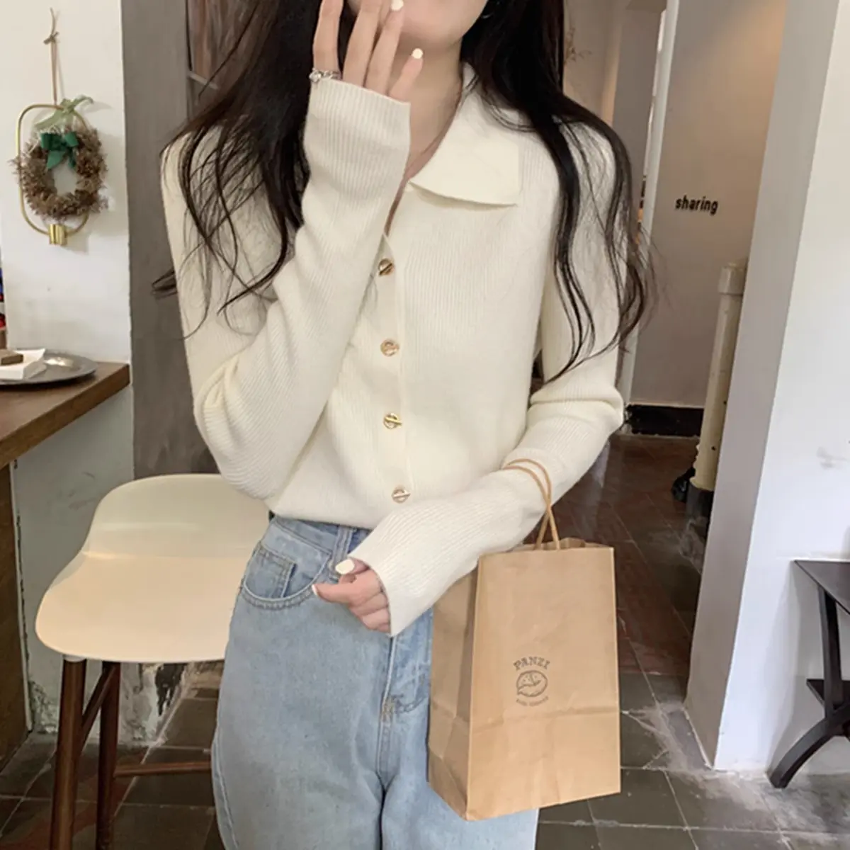 폴로넥 단추 니트 가디건 상세 이미지 1