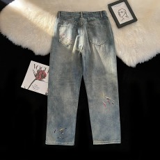 批发泼墨刺绣水洗牛仔裤男ins潮美式街头直筒坠感宽松hiphop裤子