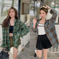 批发实价美式复古百搭休闲长袖衬衫设计感小众拼色格子防晒衬衣<b class='q'>薄外套</b>