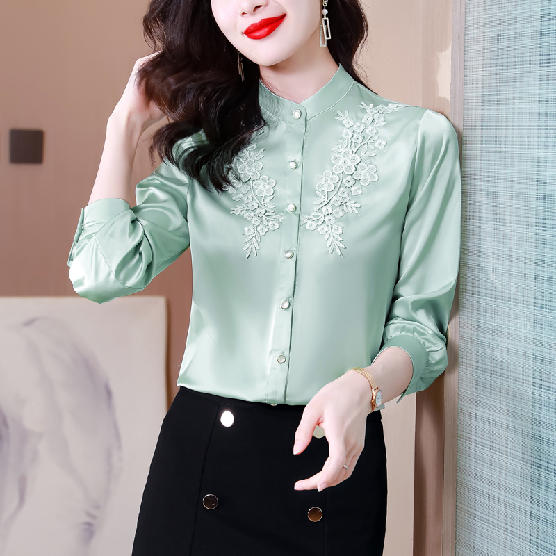 MY15956# 缎面衬衫女设计感小众复古港味气质高端长袖衬衣女士百搭立领上衣女裝貨源服裝批發