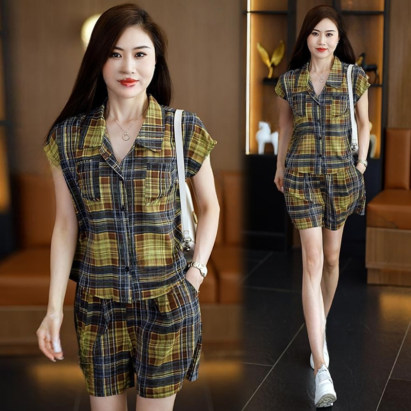 RY70082# 时尚高级感减龄套装女2026夏季新款格子衬衫阔腿短裤两件...