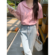 批发实价不减实拍<b class='q'>韩版</b>ins夏季甜美纯色衬衫女娃娃领减龄短袖宽松上衣